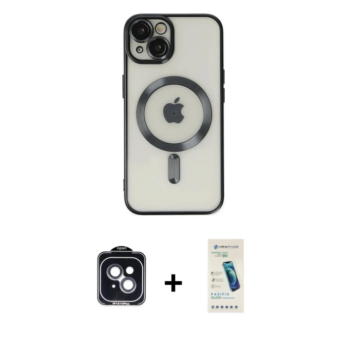 MARSİLYAN™- iPhone 14 Kılıf Nova Işık Özel Seri - Şeffaf Pasifik Cam Ekran Koruyucu + PVD Metal Kamera Lens - SH