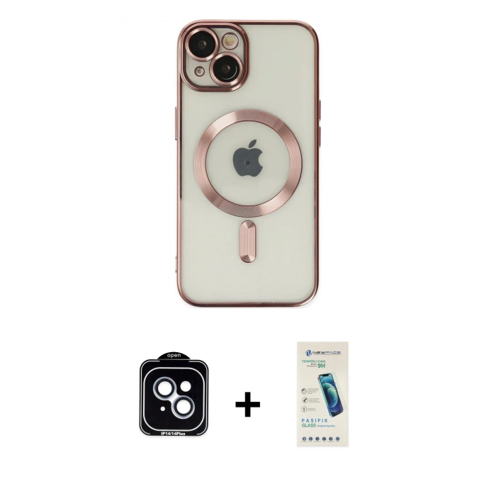 MARSİLYAN™- iPhone 14 Kılıf Nova Işık Özel Seri - Şeffaf Pasifik Cam Ekran Koruyucu + PVD Metal Kamera Lens - MI