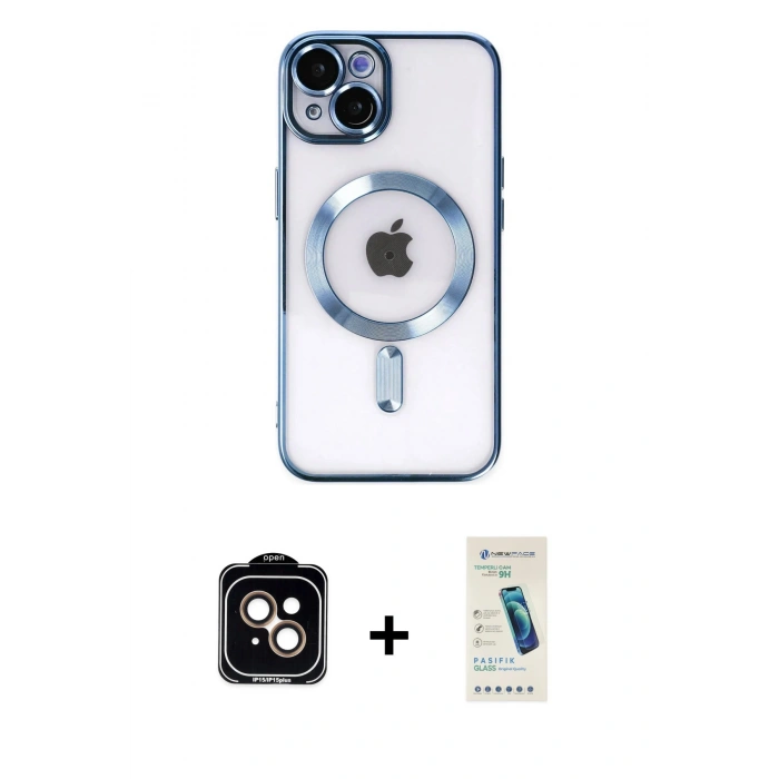 MARSİLYAN™- iPhone 14 Kılıf Nova Işık Özel Seri - Şeffaf Pasifik Cam Ekran Koruyucu + PVD Metal Kamera Lens - TU