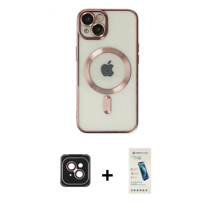 MARSİLYAN™- iPhone 14 Kılıf Nova Işık Özel Seri - Şeffaf Pasifik Cam Ekran Koruyucu + PVD Metal Kamera Lens - PE