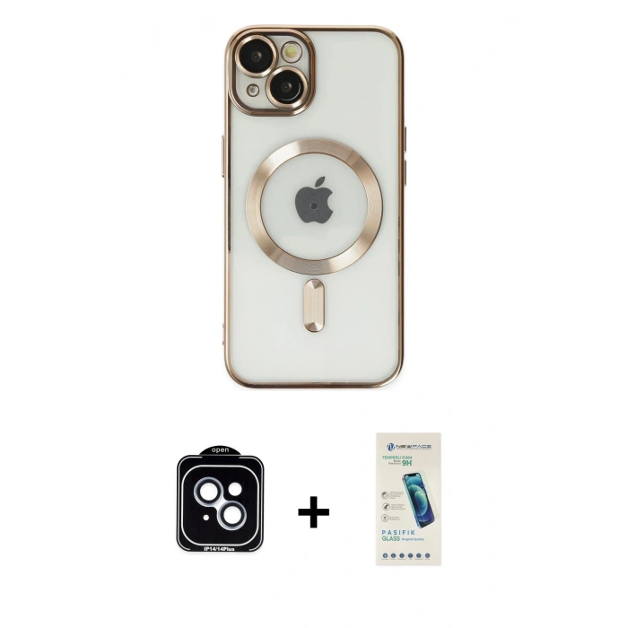 MARSİLYAN™- iPhone 14 Kılıf Nova Işık Özel Seri - Şeffaf Pasifik Cam Ekran Koruyucu + PVD Metal Kamera Lens - MI