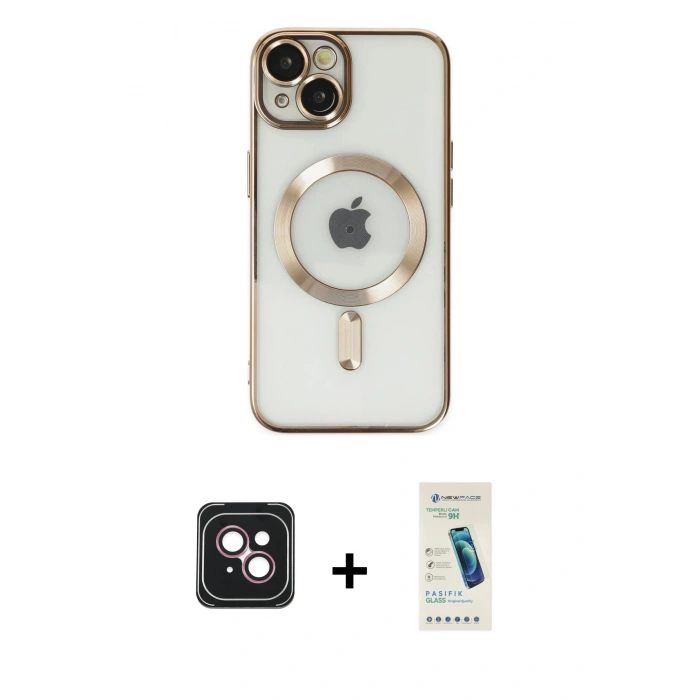 MARSİLYAN™- iPhone 14 Kılıf Nova Işık Özel Seri - Şeffaf Pasifik Cam Ekran Koruyucu + PVD Metal Kamera Lens - PE