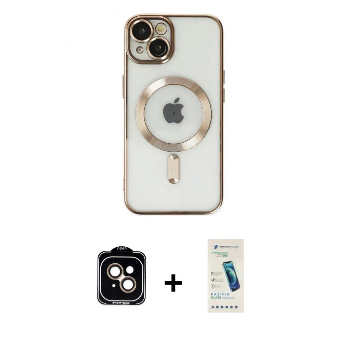 MARSİLYAN™- iPhone 14 Kılıf Nova Işık Özel Seri - Şeffaf Pasifik Cam Ekran Koruyucu + PVD Metal Kamera Lens - TU