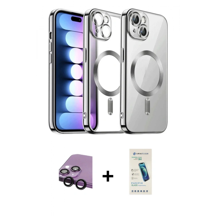 MARSİLYAN™- iPhone 14 Kılıf Nova Işık Özel Seri - Şeffaf Pasifik Cam Ekran Koruyucu + Raze Metal Kamera Lens - SH
