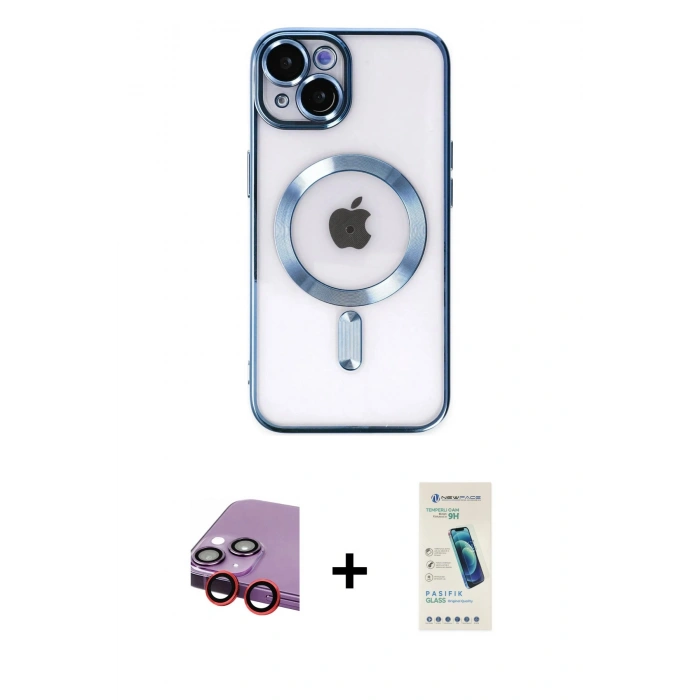 MARSİLYAN™- iPhone 14 Kılıf Nova Işık Özel Seri - Şeffaf Pasifik Cam Ekran Koruyucu + Raze Metal Kamera Lens - KI