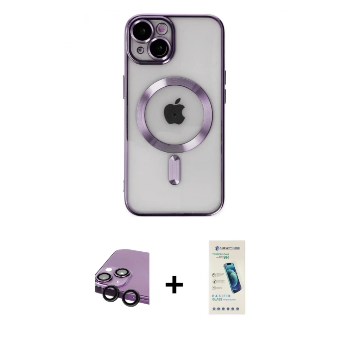MARSİLYAN™- iPhone 14 Kılıf Nova Işık Özel Seri - Şeffaf Pasifik Cam Ekran Koruyucu + Raze Metal Kamera Lens - SH