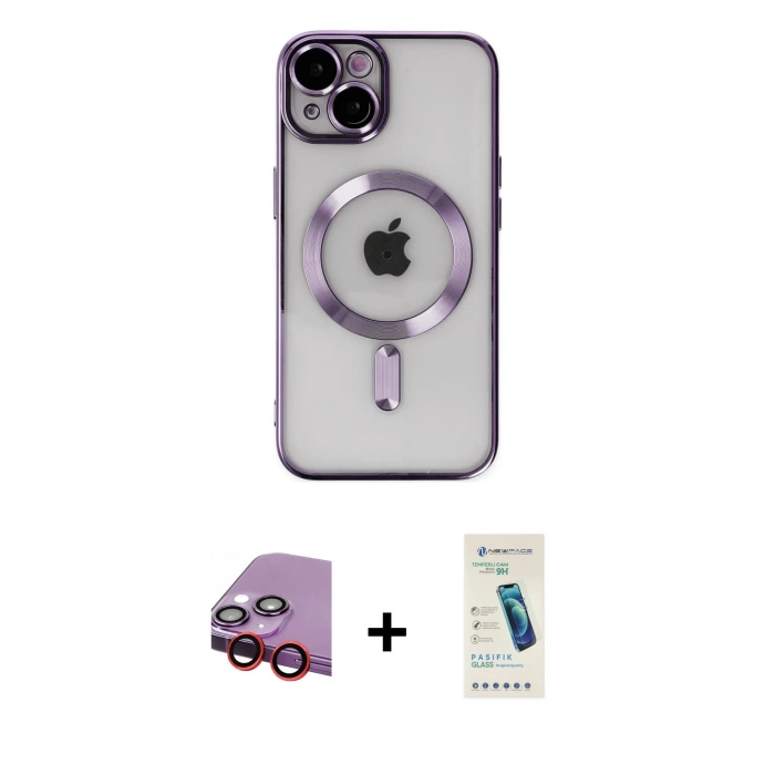 MARSİLYAN™- iPhone 14 Kılıf Nova Işık Özel Seri - Şeffaf Pasifik Cam Ekran Koruyucu + Raze Metal Kamera Lens - KI