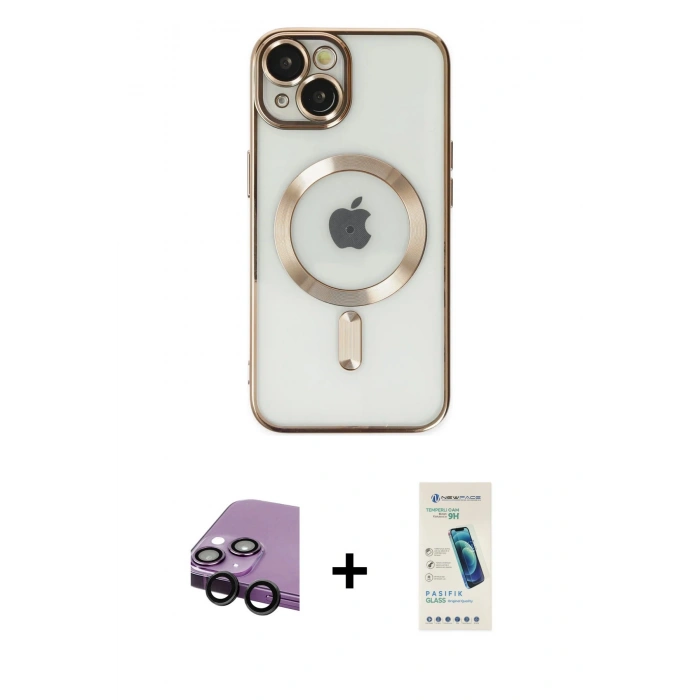 MARSİLYAN™- iPhone 14 Kılıf Nova Işık Özel Seri - Şeffaf Pasifik Cam Ekran Koruyucu + Raze Metal Kamera Lens - SH