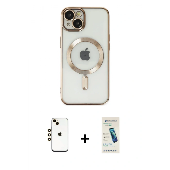 MARSİLYAN™- iPhone 14 Kılıf Nova Işık Özel Seri - Şeffaf Pasifik Cam Ekran Koruyucu + Shine Kamera Lens - GD