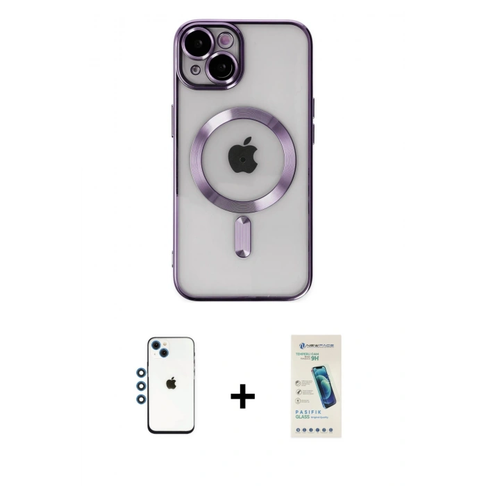 MARSİLYAN™- iPhone 14 Kılıf Nova Işık Özel Seri - Şeffaf Pasifik Cam Ekran Koruyucu + Shine Kamera Lens - MI