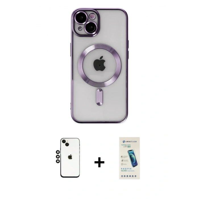 MARSİLYAN™- iPhone 14 Kılıf Nova Işık Özel Seri - Şeffaf Pasifik Cam Ekran Koruyucu + Shine Kamera Lens - SH