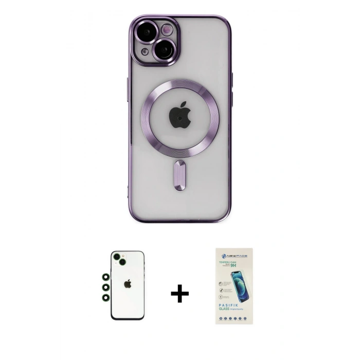 MARSİLYAN™- iPhone 14 Kılıf Nova Işık Özel Seri - Şeffaf Pasifik Cam Ekran Koruyucu + Shine Kamera Lens - YL