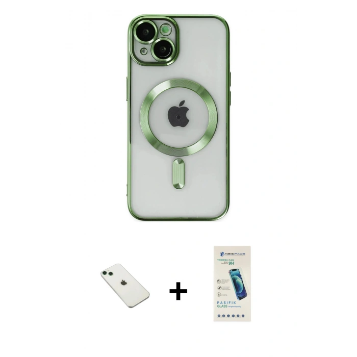 MARSİLYAN™- iPhone 14 Kılıf Nova Işık Özel Seri - Şeffaf Pasifik Cam Ekran Koruyucu + Yeşil Diamond Kamera Lens