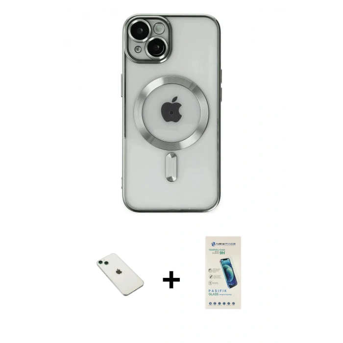 MARSİLYAN™- iPhone 14 Kılıf Nova Işık Özel Seri - Şeffaf Pasifik Cam Ekran Koruyucu + Yeşil Diamond Kamera Lens