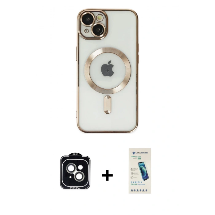 MARSİLYAN™- iPhone 14 Kılıf Nova Işık Özel Seri - Şeffaf Pasifik Cam Ekran Koruyucu + Yeşil PVD Metal Kamera Lens