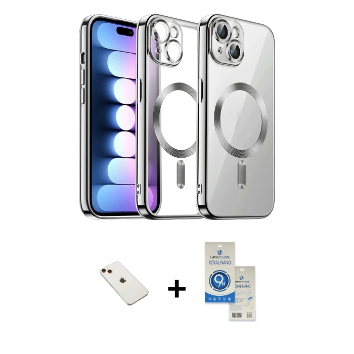MARSİLYAN™- iPhone 14 Kılıf Nova Işık Özel Seri - Şeffaf Royal Nano Ekran Koruyucu + Diamond Kamera Lens - KI