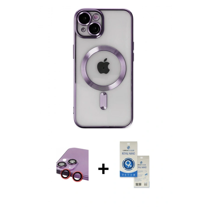 MARSİLYAN™- iPhone 14 Kılıf Nova Işık Özel Seri - Şeffaf Royal Nano Ekran Koruyucu + Raze Metal Kamera Lens - KI