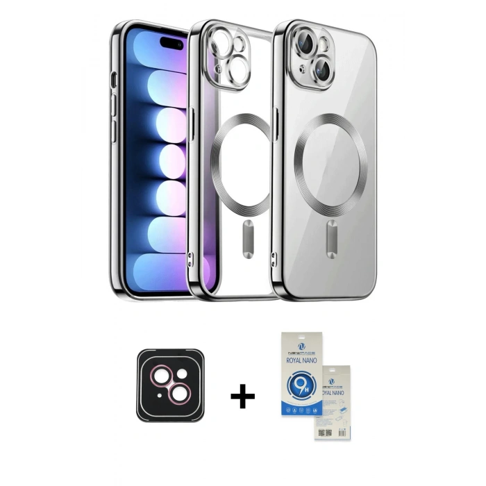 MARSİLYAN™- iPhone 14 Kılıf Nova Işık Özel Seri - Şeffaf Royal Nano Ekran Koruyucu + PVD Metal Kamera Lens - PE