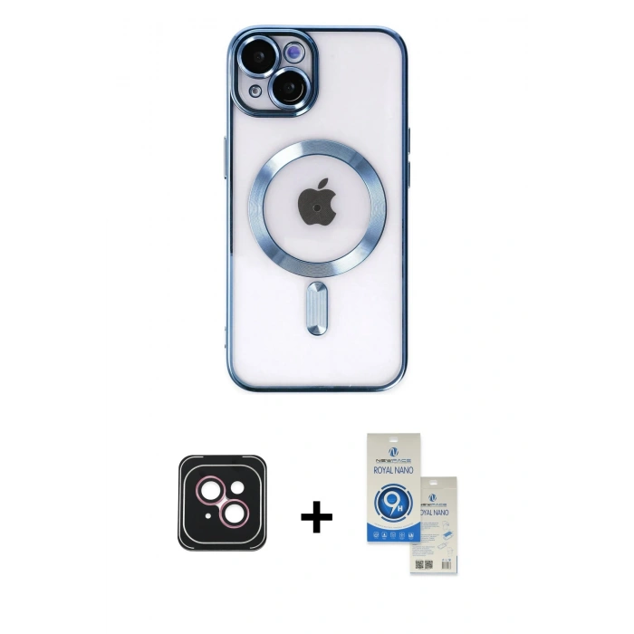 MARSİLYAN™- iPhone 14 Kılıf Nova Işık Özel Seri - Şeffaf Royal Nano Ekran Koruyucu + PVD Metal Kamera Lens - PE