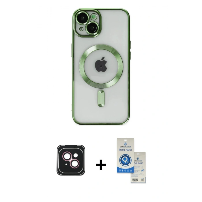 MARSİLYAN™- iPhone 14 Kılıf Nova Işık Özel Seri - Şeffaf Royal Nano Ekran Koruyucu + PVD Metal Kamera Lens - PE