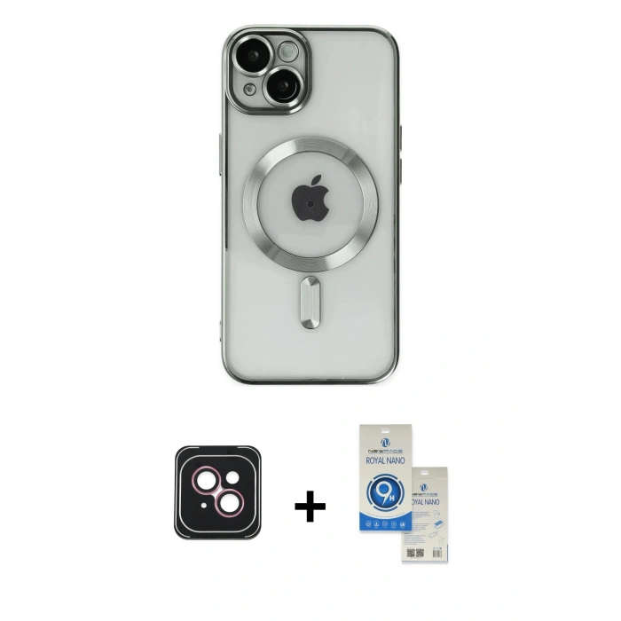 MARSİLYAN™- iPhone 14 Kılıf Nova Işık Özel Seri - Şeffaf Royal Nano Ekran Koruyucu + PVD Metal Kamera Lens - PE