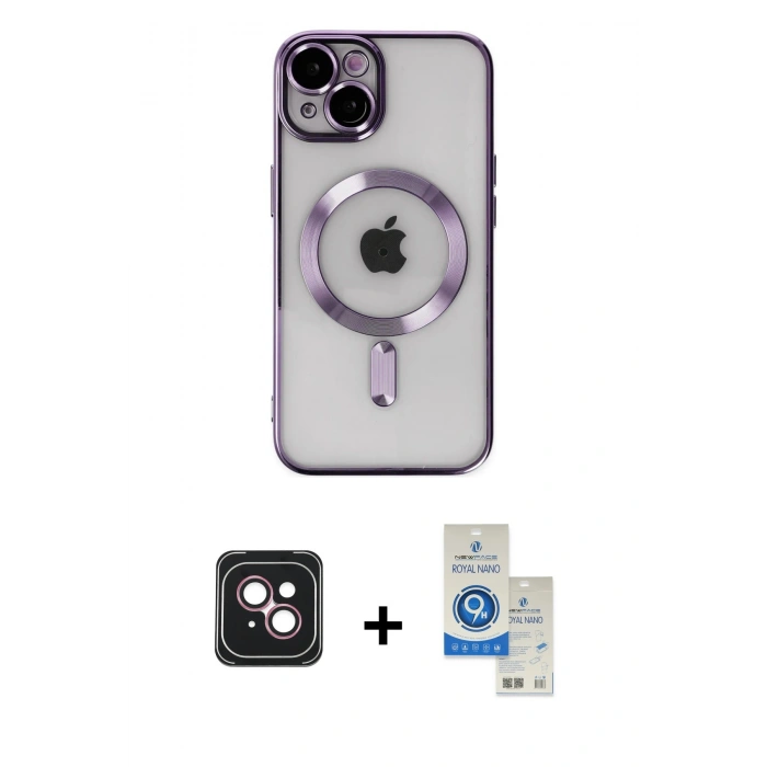 MARSİLYAN™- iPhone 14 Kılıf Nova Işık Özel Seri - Şeffaf Royal Nano Ekran Koruyucu + PVD Metal Kamera Lens - PE