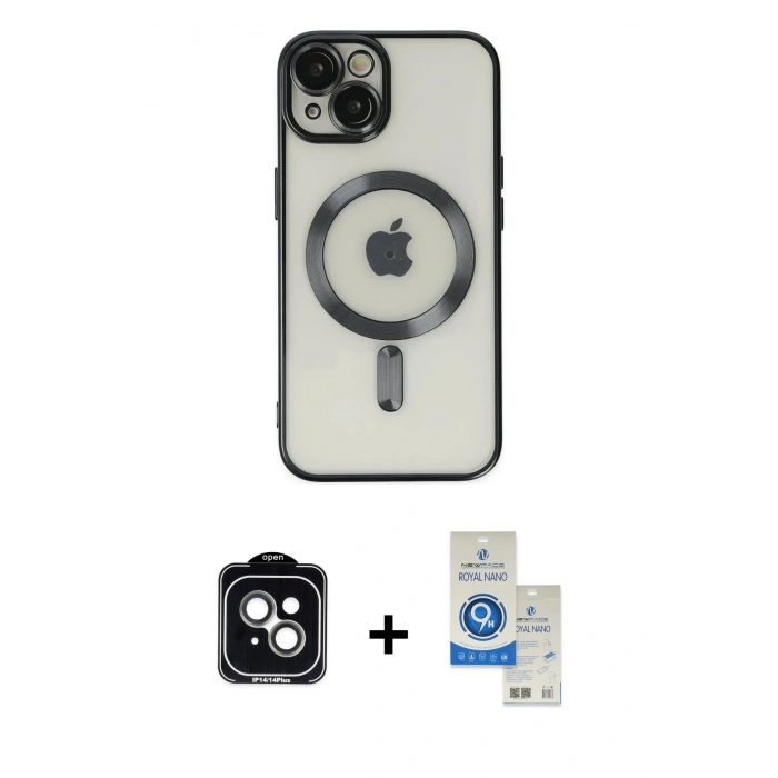 MARSİLYAN™- iPhone 14 Kılıf Nova Işık Özel Seri - Şeffaf Royal Nano Ekran Koruyucu + PVD Metal Kamera Lens - YL