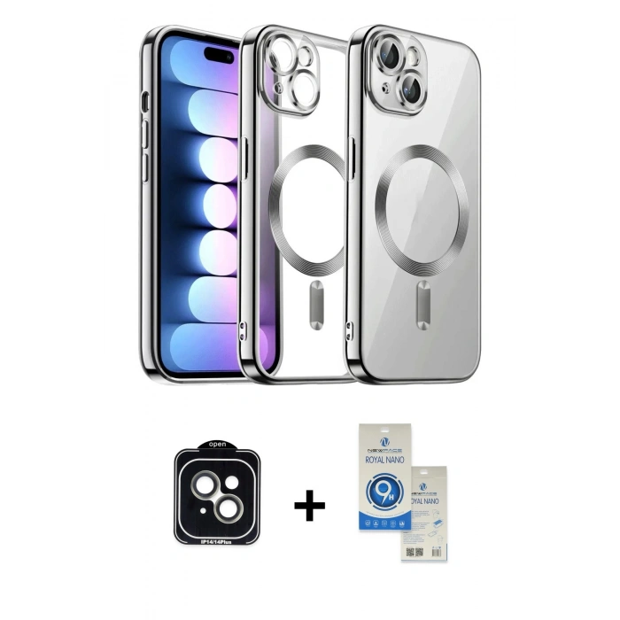 MARSİLYAN™- iPhone 14 Kılıf Nova Işık Özel Seri - Şeffaf Royal Nano Ekran Koruyucu + PVD Metal Kamera Lens - YL