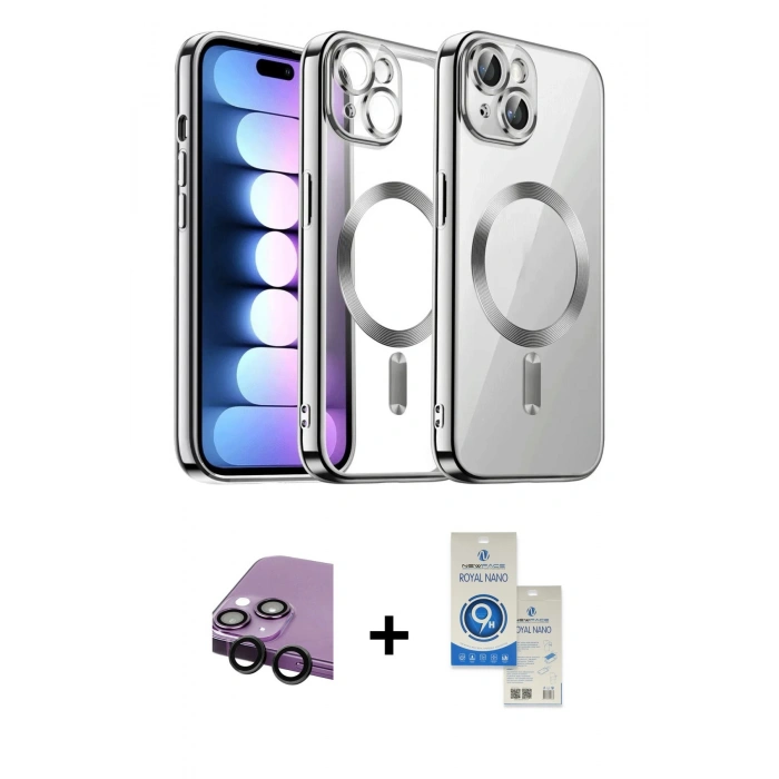 MARSİLYAN™- iPhone 14 Kılıf Nova Işık Özel Seri - Şeffaf Royal Nano Ekran Koruyucu + Raze Metal Kamera Lens - SH