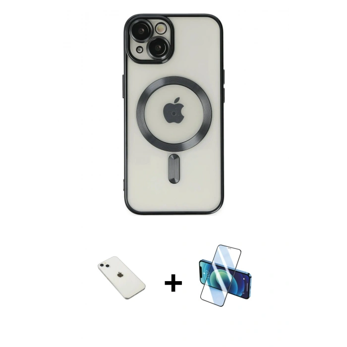 MARSİLYAN™- iPhone 14 Kılıf Nova Işık Özel Seri - Siyah 3D Antistatik Cam Ekran Koruyucu + Diamond Kamera Lens - SABE