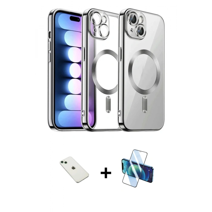 MARSİLYAN™- iPhone 14 Kılıf Nova Işık Özel Seri - Siyah 3D Antistatik Cam Ekran Koruyucu + Diamond Kamera Lens - YL