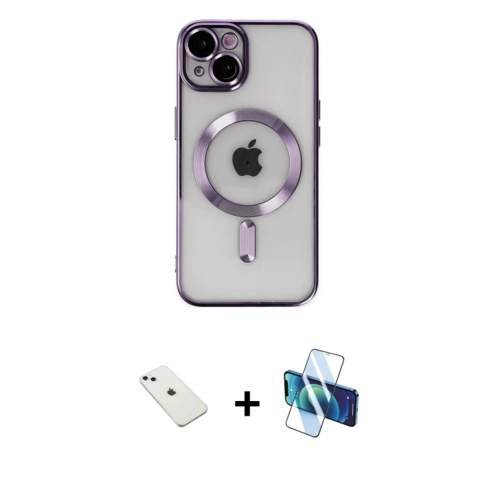 MARSİLYAN™- iPhone 14 Kılıf Nova Işık Özel Seri - Siyah 3D Antistatik Cam Ekran Koruyucu + Diamond Kamera Lens - SABE