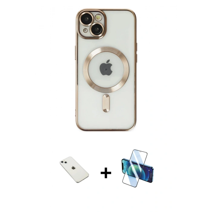 MARSİLYAN™- iPhone 14 Kılıf Nova Işık Özel Seri - Siyah 3D Antistatik Cam Ekran Koruyucu + Diamond Kamera Lens - SABE