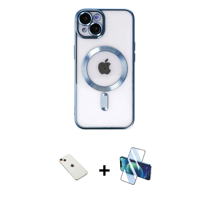 MARSİLYAN™- iPhone 14 Kılıf Nova Işık Özel Seri - Siyah 3D Antistatik Cam Ekran Koruyucu + Diamond Kamera Lens - KI