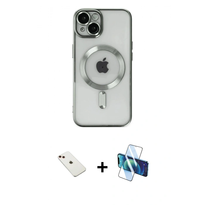 MARSİLYAN™- iPhone 14 Kılıf Nova Işık Özel Seri - Siyah 3D Antistatik Cam Ekran Koruyucu + Diamond Kamera Lens - KI