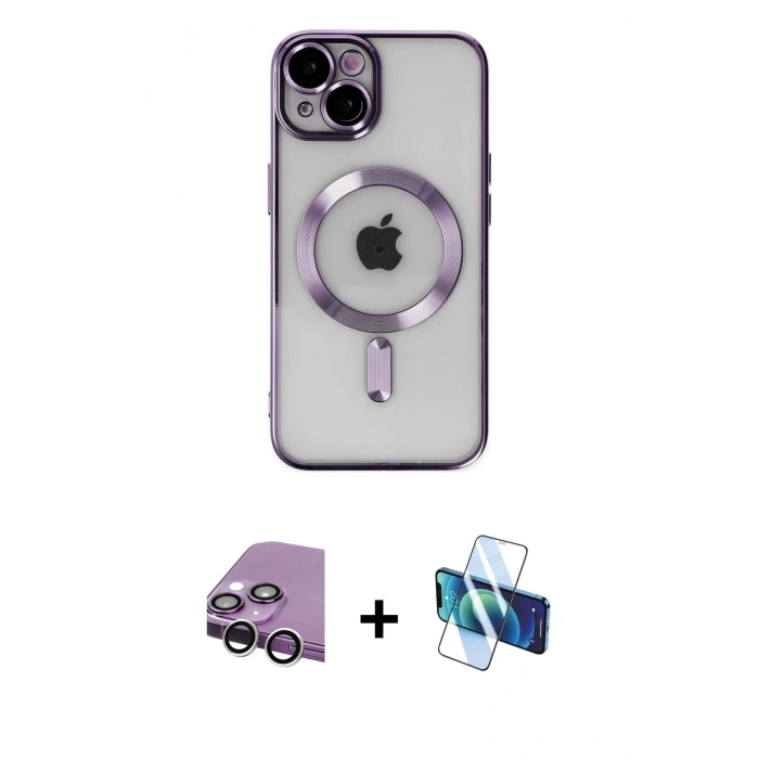 MARSİLYAN™- iPhone 14 Kılıf Nova Işık Özel Seri - Siyah 3D Antistatik Cam Ekran Koruyucu + Raze Metal Kamera Lens - GS