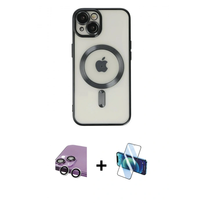 MARSİLYAN™- iPhone 14 Kılıf Nova Işık Özel Seri - Siyah 3D Antistatik Cam Ekran Koruyucu + Raze Metal Kamera Lens - GS