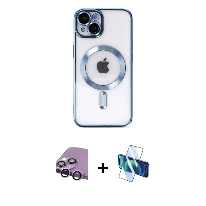 MARSİLYAN™- iPhone 14 Kılıf Nova Işık Özel Seri - Siyah 3D Antistatik Cam Ekran Koruyucu + Raze Metal Kamera Lens - GS