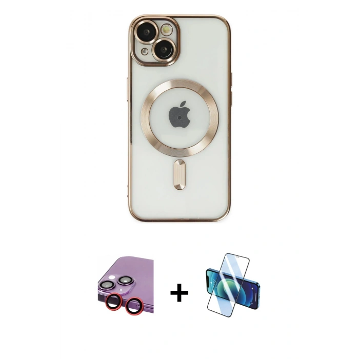 MARSİLYAN™- iPhone 14 Kılıf Nova Işık Özel Seri - Siyah 3D Antistatik Cam Ekran Koruyucu + Raze Metal Kamera Lens - KI