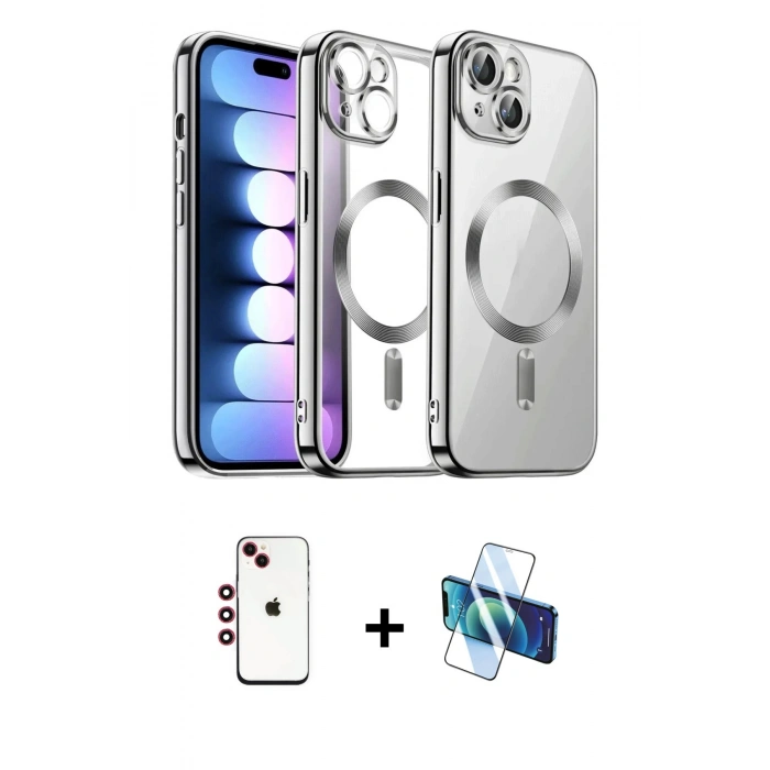 MARSİLYAN™- iPhone 14 Kılıf Nova Işık Özel Seri - Siyah 3D Antistatik Cam Ekran Koruyucu + Shine Kamera Lens - KI