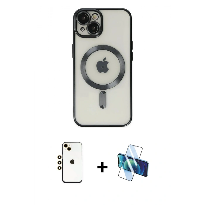 MARSİLYAN™- iPhone 14 Kılıf Nova Işık Özel Seri - Siyah 3D Antistatik Cam Ekran Koruyucu + Shine Kamera Lens - GD