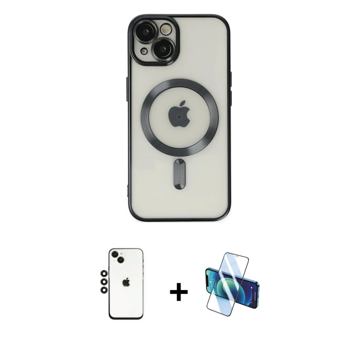 MARSİLYAN™- iPhone 14 Kılıf Nova Işık Özel Seri - Siyah 3D Antistatik Cam Ekran Koruyucu + Shine Kamera Lens - SH
