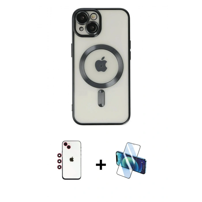 MARSİLYAN™- iPhone 14 Kılıf Nova Işık Özel Seri - Siyah 3D Antistatik Cam Ekran Koruyucu + Shine Kamera Lens - KI