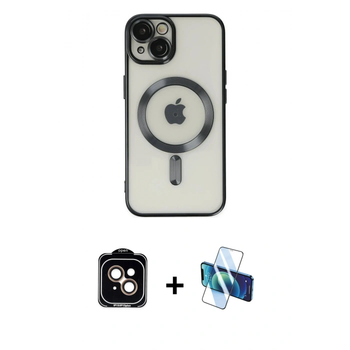 MARSİLYAN™- iPhone 14 Kılıf Nova Işık Özel Seri - Siyah 3D Antistatik Cam Ekran Koruyucu + Turuncu PVD Metal Kamera Lens