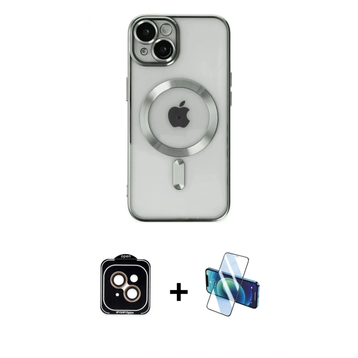 MARSİLYAN™- iPhone 14 Kılıf Nova Işık Özel Seri - Siyah 3D Antistatik Cam Ekran Koruyucu + Turuncu PVD Metal Kamera Lens