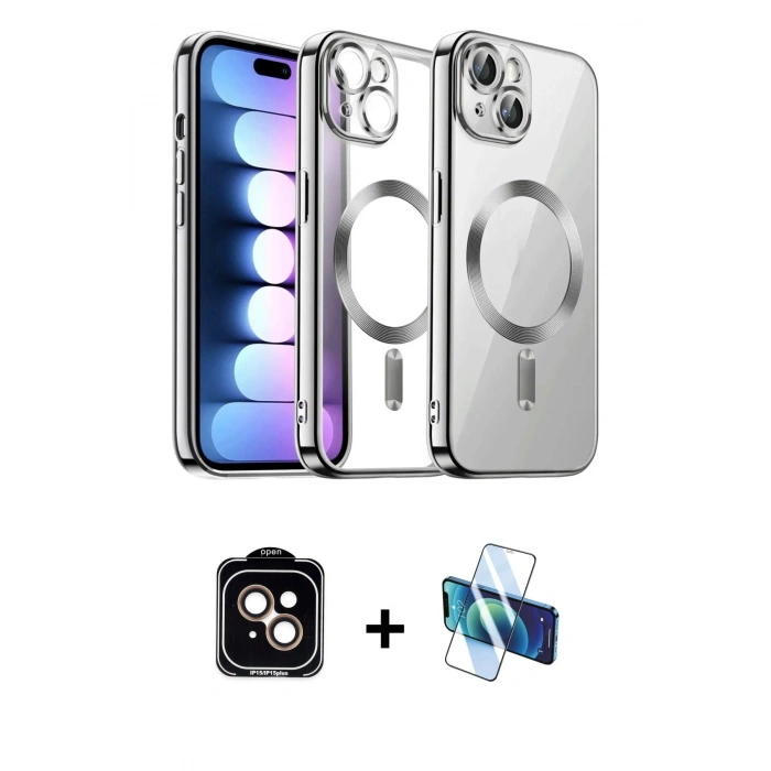 MARSİLYAN™- iPhone 14 Kılıf Nova Işık Özel Seri - Siyah 3D Antistatik Cam Ekran Koruyucu + Turuncu PVD Metal Kamera Lens