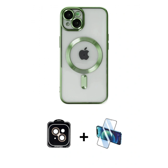 MARSİLYAN™- iPhone 14 Kılıf Nova Işık Özel Seri - Siyah 3D Antistatik Cam Ekran Koruyucu + Turuncu PVD Metal Kamera Lens