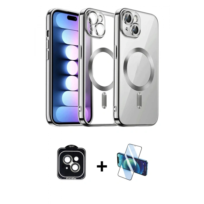 MARSİLYAN™- iPhone 14 Kılıf Nova Işık Özel Seri - Siyah 3D Antistatik Cam Ekran Koruyucu + PVD Metal Kamera Lens - YL