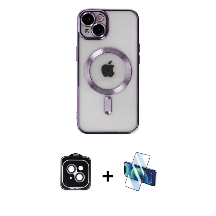 MARSİLYAN™- iPhone 14 Kılıf Nova Işık Özel Seri - Siyah 3D Antistatik Cam Ekran Koruyucu + PVD Metal Kamera Lens - YL