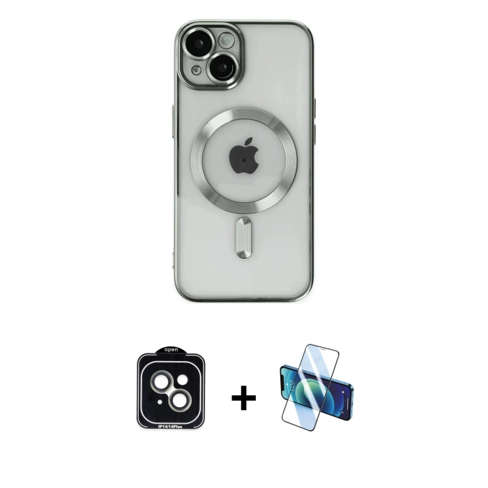 MARSİLYAN™- iPhone 14 Kılıf Nova Işık Özel Seri - Siyah 3D Antistatik Cam Ekran Koruyucu + PVD Metal Kamera Lens - YL